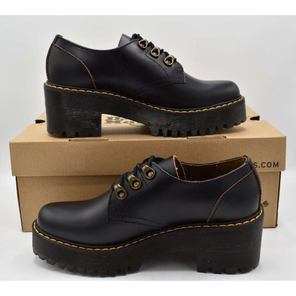 Dr Martens Women 10 Leona Lug Sole Platform Black Vintage Leather Derby Shoes - Picture 10 of 13